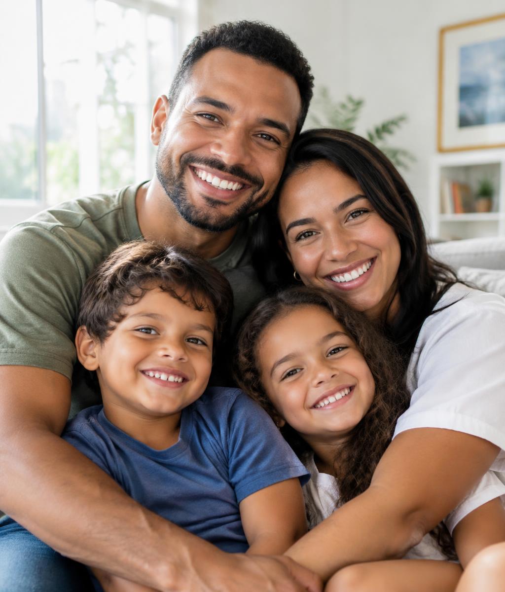 Família sorrindo abraçada